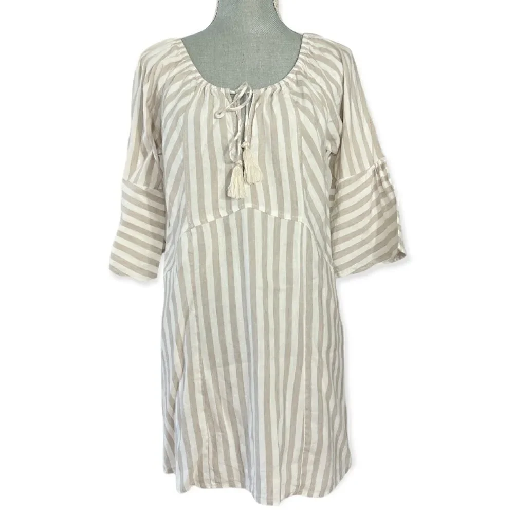 Free People Tan and White Stripe Folk Town Linen Blend Mini Dress Size S